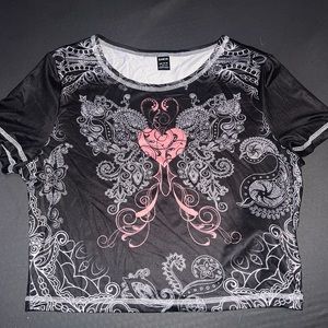 Large Graphic Tee Black Crop top, Pink Heart with White Butterfly Wings.